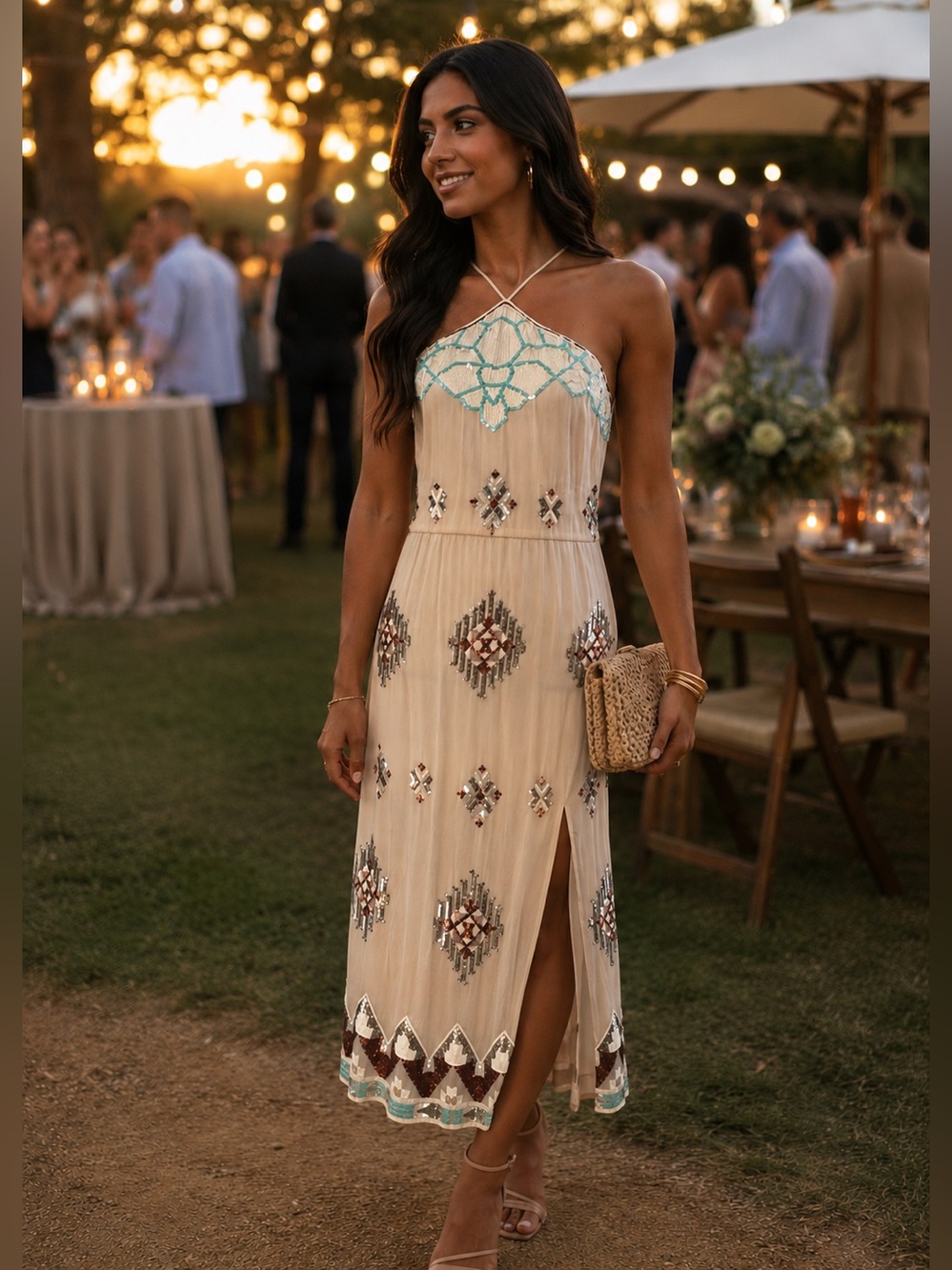 Eastern Heritage Sequin Strapless Cream Maxi Dress with Turquoise Accents XS